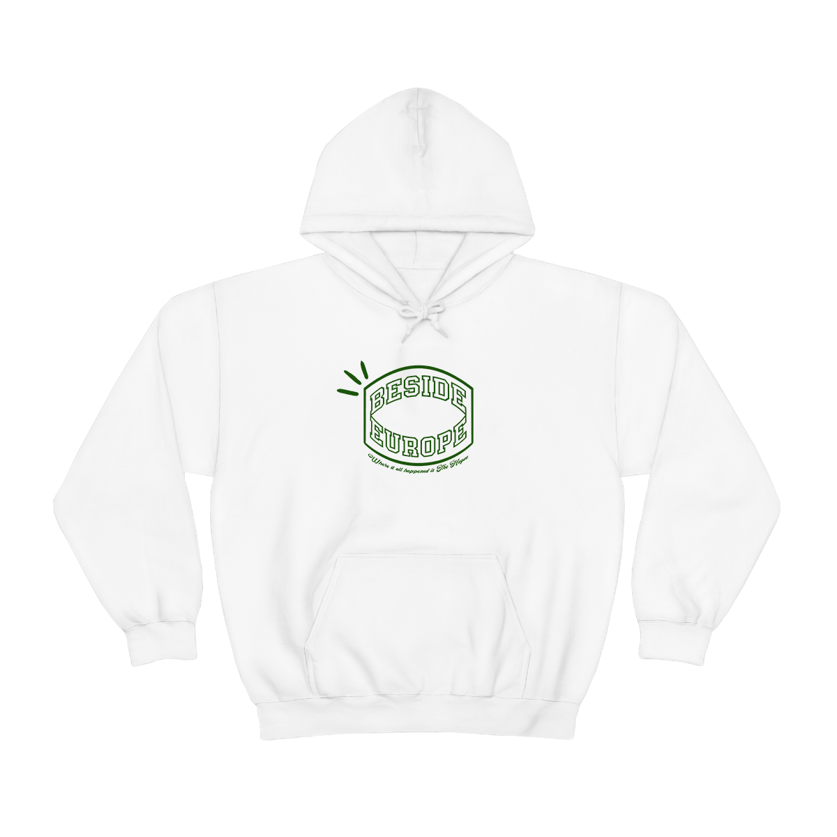 Where it all happened is The Hague - Green on white hoodie